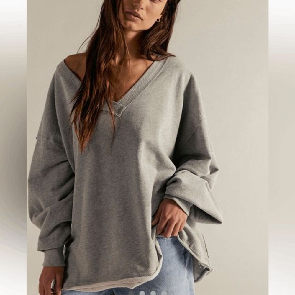 Free People we the free Venice V Neck Oversized Sweatshirt gray Medium NEW